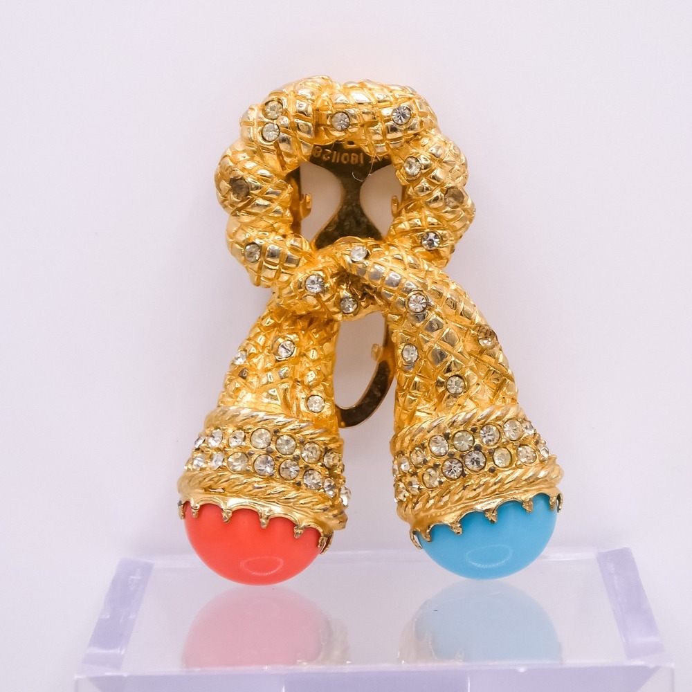 Castlecliff Rhinestone Turquoise Coral Glass Cabachon Gold 1.9" Dress Clip Pin